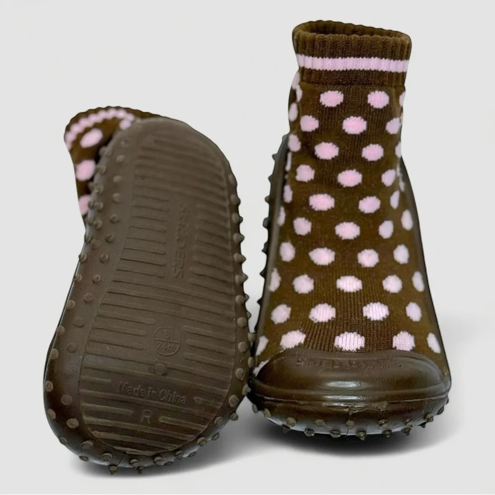 Skidders Brown Baby Shoes with Pink Polka Dots Size 8 / 24M Walker - Picture 2 of 9